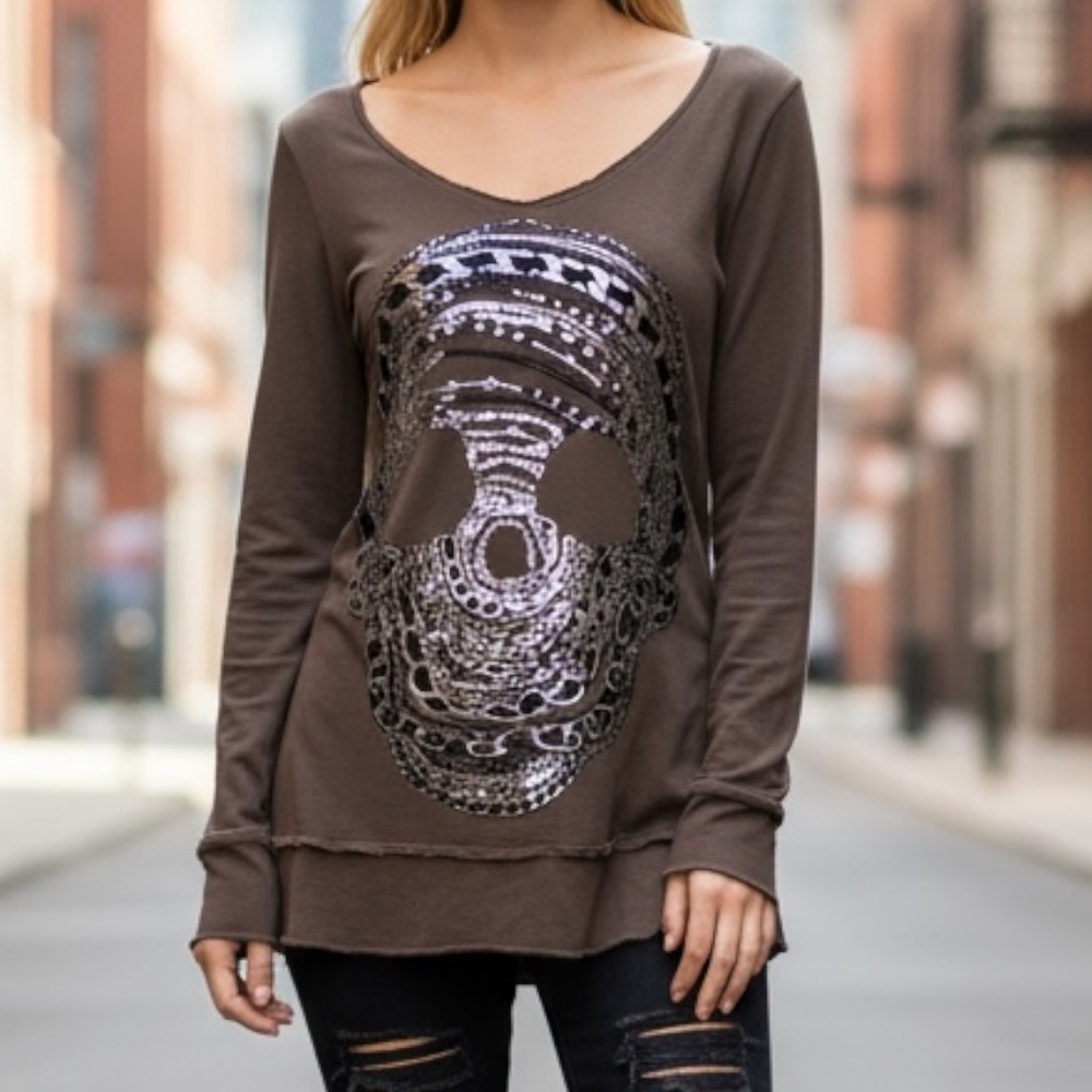 Lauren Moshi Silver Chain Skull Graphic Knit Top SZ XS Grey